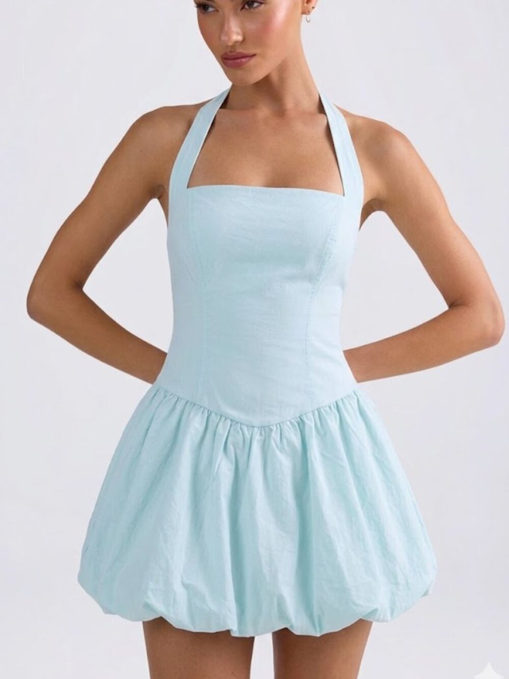 New Iris Pale Blue Micro Mini Halter Bubble Dress in size Small